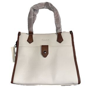 Flowston Brown White Leather Crossbody Tote Purse Detachable Strap Zipper NWT